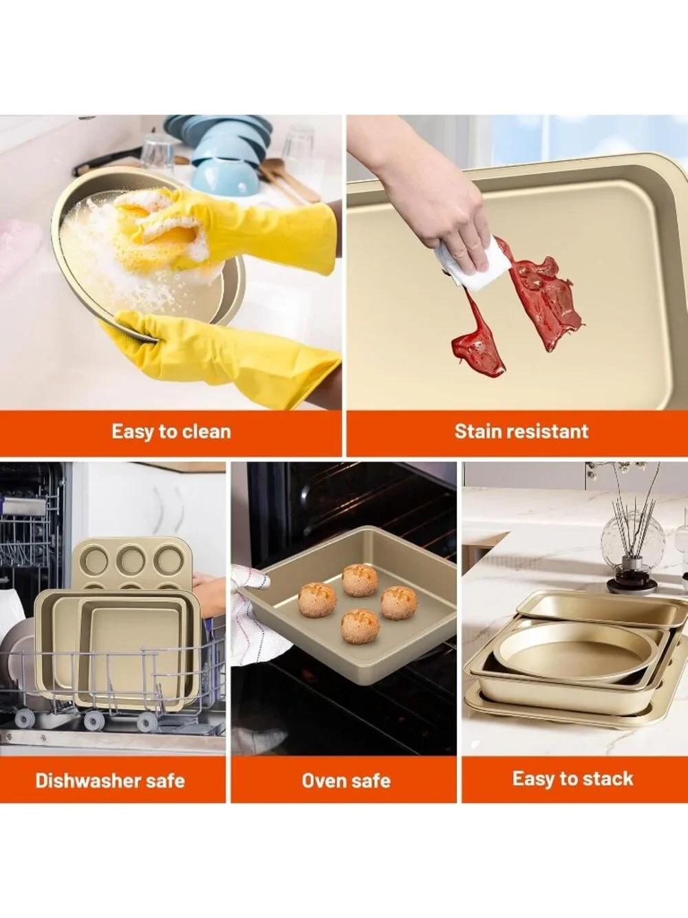 5-Piece Gold Nonstick Bakeware Sets Kitchen Cookware Sets Muffin Loaf Roast Pan
